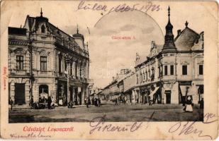 1905 Losonc, Lucenec; Gácsi utca I., Takarék és hitelbank, Hammermüller üzlete / street view with shops, savings and credit bank (EK)