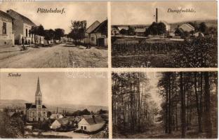 Petőfalva, Pöttelsdorf; utca, templom, erdő, Gőzmalom / Strasse, Kirche, Dampfmühle / street, church, forest, steam mill