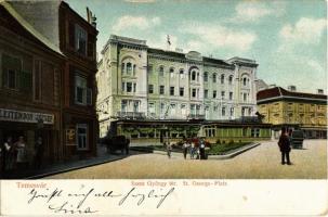 1908 Temesvár, Timisoara; Szent György tér, Leitenbor József üzlete, Takarékpénztár / St. Georgs Platz / square with shops and savings bank