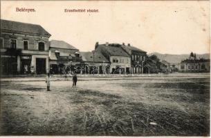 Belényes, Beius; Erzsébet tér, Bogdán D.J., Drinco M., Kohn Salamon, Dráganul és Ardelean üzlete / square view with shops