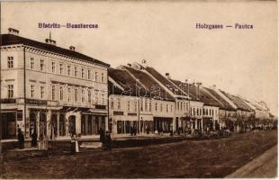 Beszterce, Bistritz, Bistrita; Fa utca, Kollmann és Keresztes Phönix üzlete / Holzgasse / street, shop