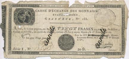 Franciaország / Rouen 1797-1803. 20Fr &quot;annulé (érvénytelen)&quot; felülbélyegzéssel T:IV  France Rouen 1797-1803. 20 Francs &quot;annulé (cancelled)&quot; C:G Krause S245a