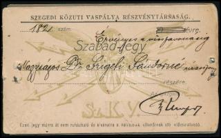 cca 1900-1910 Szegedi Közúti Vaspálya Rt. fényképes szabad-jegy igazolványa, visszavonásig érvényes,...