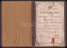 1886 Mosonmagyaróvár, kintornás igazoló jegye, 15 kr. okmánybélyeggel. Kopott vászon-kötésben