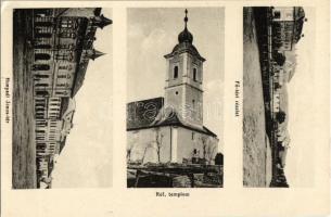 Vajdahunyad, Hunedoara; Fő tér, Református templom, Hunyadi János tér, üzletek / main square, Calvinist church, street view with shops (EK)