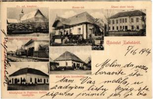 1904 Zabola, Zabala; Református templom télen, Posta és távirda hivatal, Mester lak, villa, Állami elemi iskola, Községháza és Popovics András vendéglője, étterem, Khell Gyula üzlete. Kiadja Papp Ferenc fényképész / Calvinist church in winter, post and telegraphy office, villa, elementary school, town hall, restaurant, shop of Khell (EB)