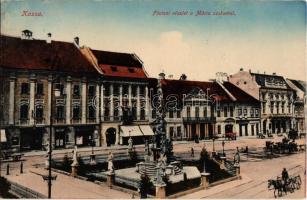 1916 Kassa, Kosice; Fő utca a Mária szoborral, Városháza, üzletek / main street with Virgin Mary statue, town hall, shops