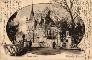 1902 Kassa, Kosice; Jakab palota (Jakab Árpád építész magánlaka). Kiadja Nyulászi Béla / Jakabov palác / architects palace, villa + KASSA-BUDAPEST 70. vasúti mozgóposta