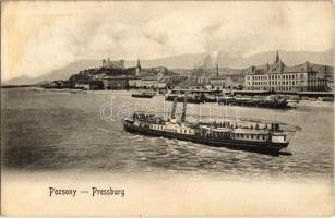 1905 Pozsony, Pressburg, Bratislava; látkép a várral és a &quot;Vesta&quot; gyorsgőzössel. &quot;Bediene dich allein&quot; / castle, steamer (EK)