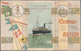 cca 1900-1910 Adria Magyar Kir. Tengerhajózási Rt. -Cunard Hungarian-American Line színes litografált menetrendje, jó állapotban.