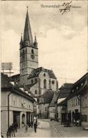 1907 Nagyszeben, Hermannstadt, Sibiu; Zsák utca, Evangélikus templom, üzletek / Saggasse / street view with church and shops