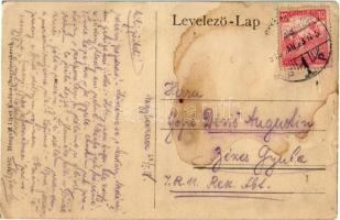 1918 Nagybecskerek, Zrenjanin, Veliki Beckerek; Béga folyó, uszály, diákok. Mangold Lipót kiadása / ...