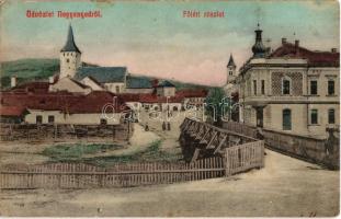 1910 Nagyenyed, Aiud; Fő tér, templom, híd, Gazdasági bank. Földes Ede kiadása / main square, bridge, church, economic bank