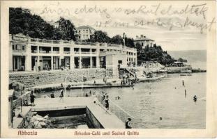 1922 Abbazia, Arkaden-Café und Seebad Quitta / kávéház és Quitta tengerparti fürdő, fürdőzők, napozók. Kiadja Th. Kraut / café and coastal beach, bathing pepole, sunbathing