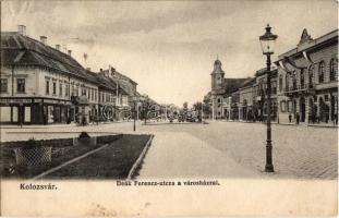 1907 Kolozsvár, Cluj; Deák Ferenc utca, Városház, Tamási Tamás és fia üzlete, Stief Jenő papíráruháza / street view with town hall and shops (Rb)
