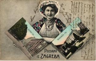1909 Zágráb, Zagreb; Zrinjski trg, Akademicki trg / Zrínyi és Akadémia tér, horvát folklór, asszony népviseletben. Kiadja Lederer & Popper 851. / squares, Croatian folklore, woman in traditional costume
