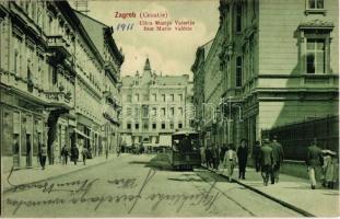 1911 Zágráb, Zagreb; Ulica Marije Valerije / Mária Valéria utca, villamos, Lobl üzlete. Kiadja Jul. Hühn / street view with tram and shops