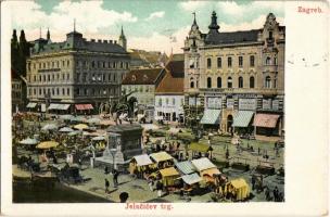 1918 Zagreb, Zágráb; Jelacicev trg. / market square with vendors, shops of Miroslav Bachrach, F. Rudovits and Adolf Bondy