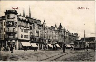 Zagreb, Zágráb; Jelacicev trg. / square with tram, bank, shops of Poppovic, Fuchs, S. Stanisic and F. Rudovits, Wiener Bankverein