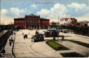1913 Poznan, Posen; Hauptbahnhof / railway station with tram