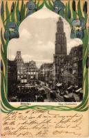 1902 Wroclaw, Breslau; Ring Nordseite / square, market, trams, shops. Bruno Scholz Art Nouveau, litho