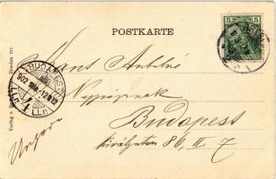 1902 Wroclaw, Breslau; Ring Nordseite / square, market, trams, shops. Bruno Scholz Art Nouveau, lith...