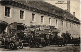 Wroclaw, Breslau; Hauptfeuerwache. Verlag Friedrich Där / Central Fire Station, firefighters with fire trucks