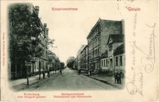 1900 Gliwice, Gleiwitz; Kronprinzstrasse, Wechselburg (jetzt Burggraf genannt), Bandagenwalzwerk Huldschinskysche Hüttenwerke / street view, tire mill and smelters