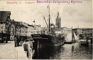 Kaliningrad, Königsberg; Pregelpartie / Pregolya riverside, port, industrial railway with wagons, Albertus steamship