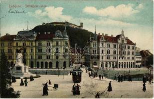 1910 Ljubljana; Laibach; Stritarjeve ulice / street view, tram, castle, statue