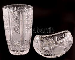 Csiszolt ólomkristály váza és kínálótál, hibátlan, jelzés nélkül, m:20 cm, 16×8 cm