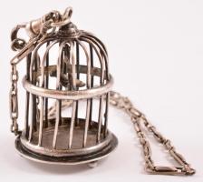 Ezüst(Ag) miniatűr madárkalitka lánccal, jelzett, 3,5×2,5 cm, nettó: 14,6 g