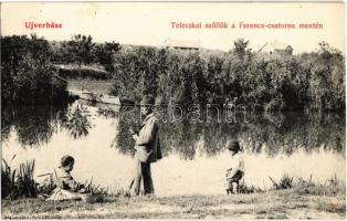 1913 Újverbász, Verbász, Novi Vrbas; Telecskai szőlők a Ferenc csatorna mentén, szőlőskertek, horgász. Kiadja Seidl Nándor 334. / vineyards along the canal, fisherman