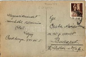 1943 Csáktornya, Cakovec; Deák Ferenc utca, Római katolikus templom, magyar zászló, kerékpár / stree...