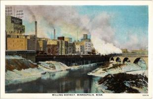 Minneapolis, Minnesota; Milling District, General Mills Gold Medal Flour, industrial mills, railway bridge, locomotive