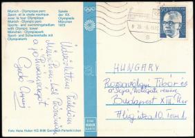 1972 Gedó György (1949- ) olimpiai bajnok ökölvívó üdvözlő sorai és aláírása a müncheni olimpiáról küldött levelezőlapon