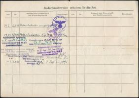 1942-1943 Deggendorf, Dr. Vajna István élelmiszer igénylő igazolvány, hajtásnyommal, pecsétekkel