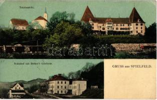 1910 Spielfeld, Totalansicht, Schloss, Bahnhof mit Stelzers Gasthaus. Verlag Friedrich Krobath / Spielfeld Castle, railway station with Stelzers inn and railway hotel (EK)