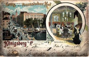 1903 Kaliningrad, Königsberg; Gruss aus dem Preussischen Hof, Restaurations-Saal / street view with tram, Königsberg Castle, restaurant interior. Art Nouveau, floral, litho (EB)