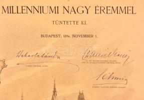 1896 Ezredéves Országos Kiállítás díszes millenniumi nagy érmet adományozó oklevele Meissner (Mészne...