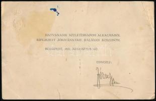 1932 József főherceg aláírása születésnapi köszönőkártyán. Foltos. 16x11 cm
