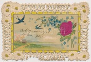 1907 Csipke díszítéses dombornyomott virágos litho üdvözlőlap / Embossed litho greeting art postcard with lace decoration, silk card (12 cm x 8 cm) (EK)