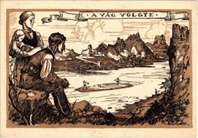 Vág völgye, Povazie, Vah-valley; Vize fája, magyar vágya. cserkészek tutajon. Kiadja a Magyar Nemzeti Szövetség / Hungarian irredenta art postcard with rafting scouts s: Márton L