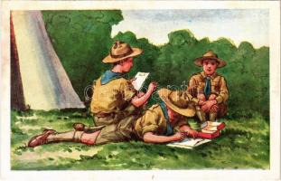 Levél a táborból. Kiadja Riegler József Ede / Hungarian boy scout art postcard (EK)