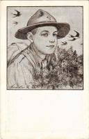 1925 Cserkész. Kiadja a Magyar Cserkészszövetség / Hungarian boy scout art postcard s: Márton L. (fa)