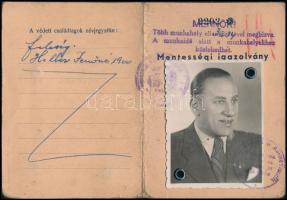 1940-1944 Heller Jenő mérnök iratai: igazolványi lap, munkaadói igazolás munkaszolgálatról, fényképes mentességi igazolvány