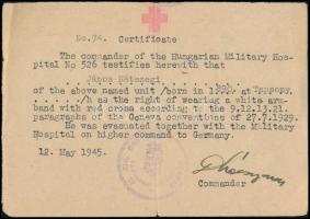 1945 Az 526. sz. katonakórház 2 db igazolása katonakórházi tisztviselő részére, angol illetve német ...