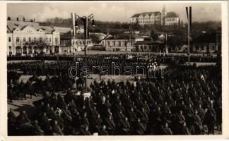 1938 Léva, Levice; bevonulás, tábori mise a Kossuth téren, Knapp Dávid üzlete és Szenessy vendéglő / entry of the Hungarian troops, camp mass on the square, restaurant, shop + &quot;1938 Léva visszatért&quot; So. Stpl  (fl)