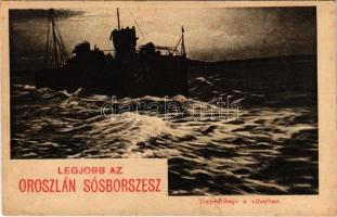 Torpedóhajó a viharban. Oroszlán sósborszesz reklám / SM Torpedoboot 62 T (ex Drache) / WWI Austro-Hungarian Navy K.u.K. Kriegsmarine 62T Kaiman-class torpedo boat with advertisement