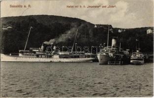 Hafen mit SS Imperator und Odin im Sassnitz a. R. / Imperator Hamburg America Line ocean liner and Odin passenger steamship in the port of Sassnitz + 1913 Salon-Schnell-Dampfer Odin (hajó pecsét / ship stamp)